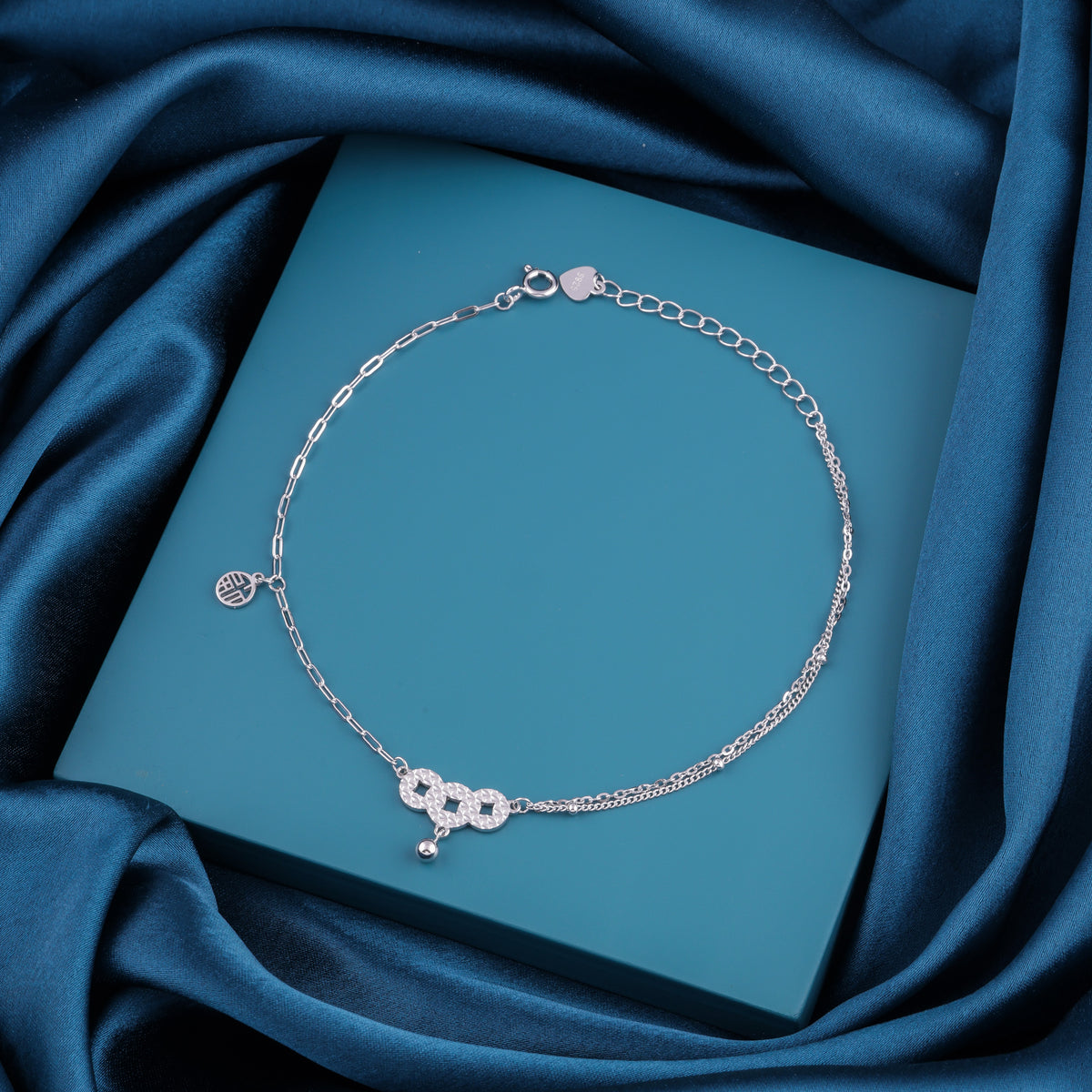 925 Sterling Silver Triple Ring Charm Anklet for Women
