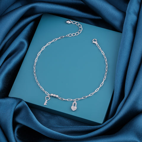 Silver Lock & Key Charm Anklet for Women