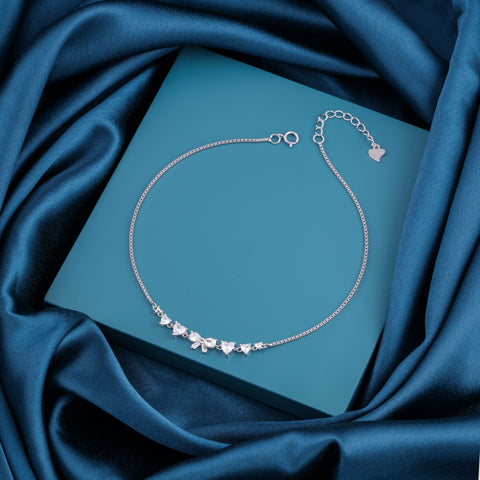 Silver Butterfly & Heart CZ Charm Anklet for Women