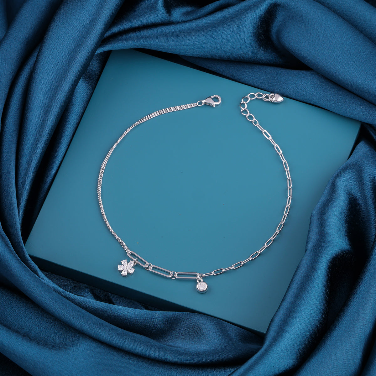 925 Sterling Silver Floral & Solitaire Charm Anklet for Women