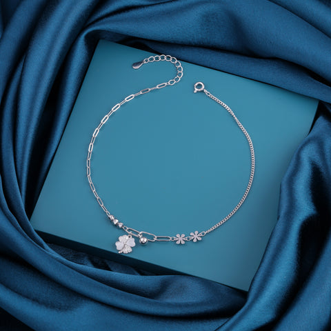 925 Sterling Silver Clover & Flower Charm Anklet for Women