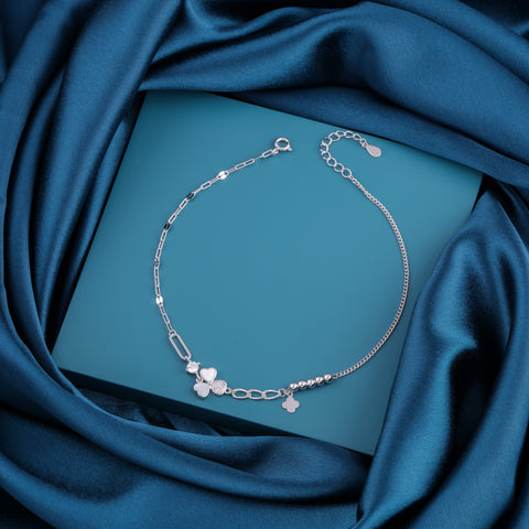 Three Heart Clover Charm Silver Anklet for Women