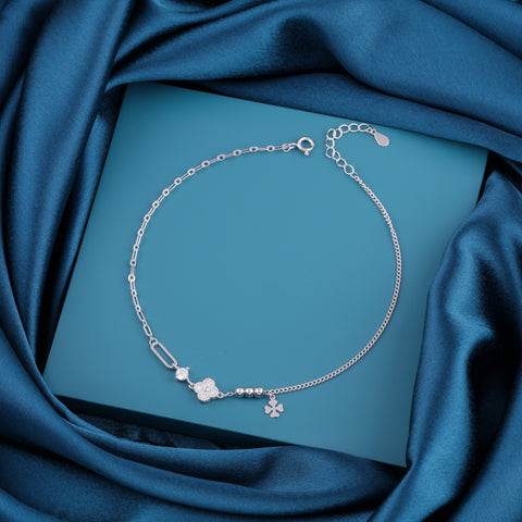 Silver Floral Charm Beaded Anklet for Women