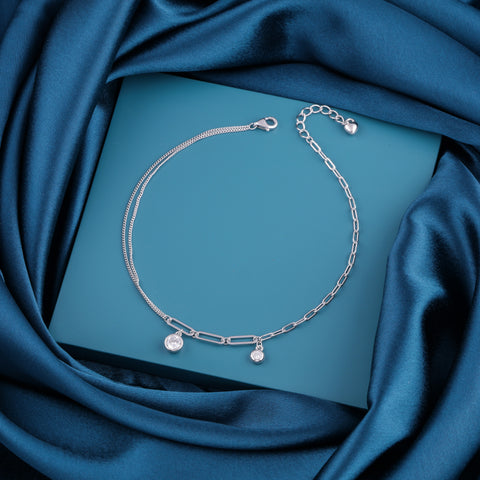 925 Sterling Silver Dual Chain with Zircon Charms Anklet  For Women