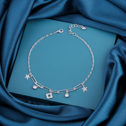 925 Sterling Silver Star & Floral Charm Anklet for Women