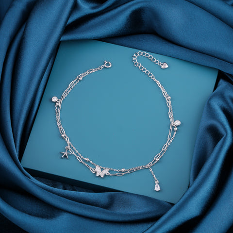925 Sterling Silver Butterfly & Starfish Charm Anklet for Women