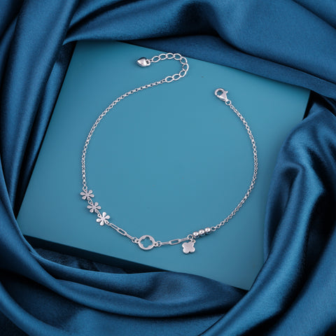 Floral Charm Silver Anklet for Women