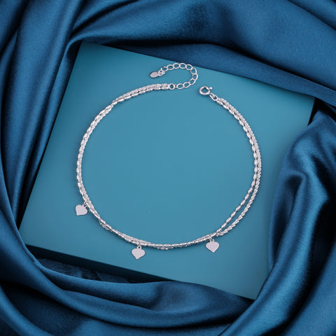 Silver Double Layer Heart Charm Beaded Anklet for Women