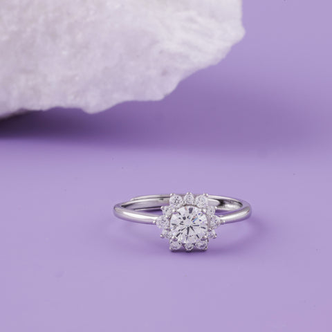 Silver Solitaire Flower  Diamond Ring for Women
