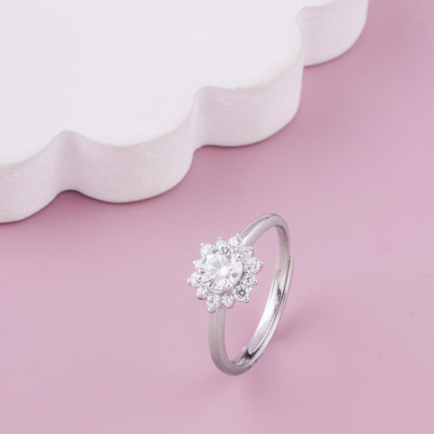 Silver Solitaire Flower  Diamond Ring for Women