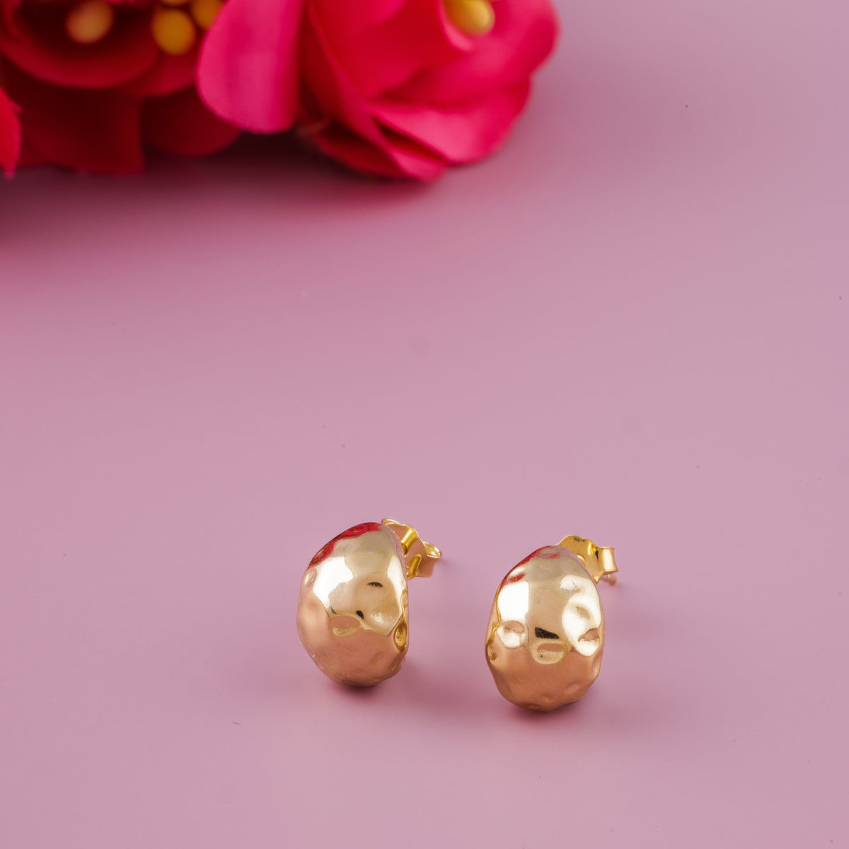 Gold Plated 925 Sterling Silver Hammered Dome Stud Earrings for Women