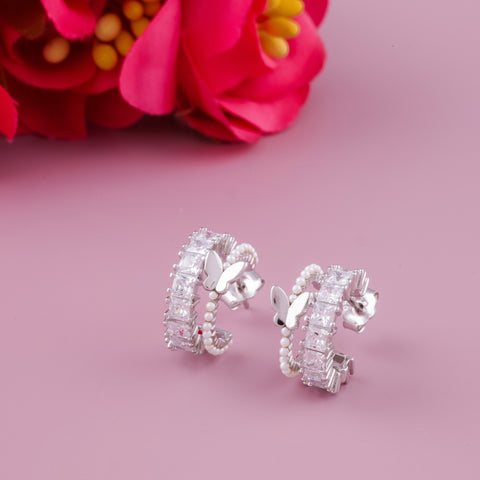 Silver Butterfly Hoop Earrings with CZ Diamonds & Mini Pearls