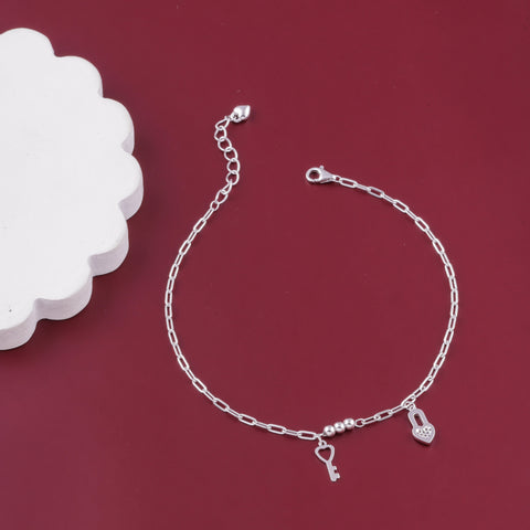 Silver Lock & Key Charm Anklet for Women
