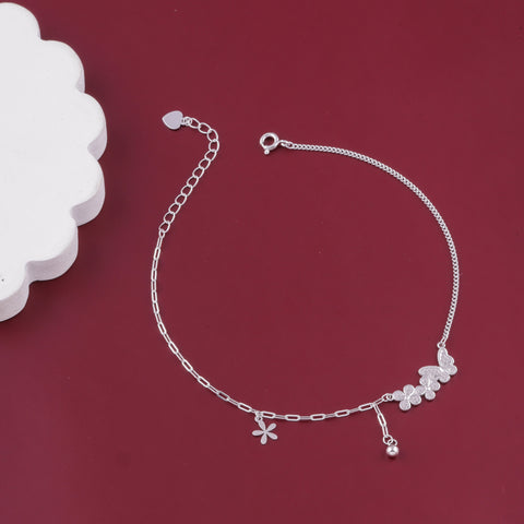 925 Sterling Silver Butterfly & Flower Charm Anklet for Women