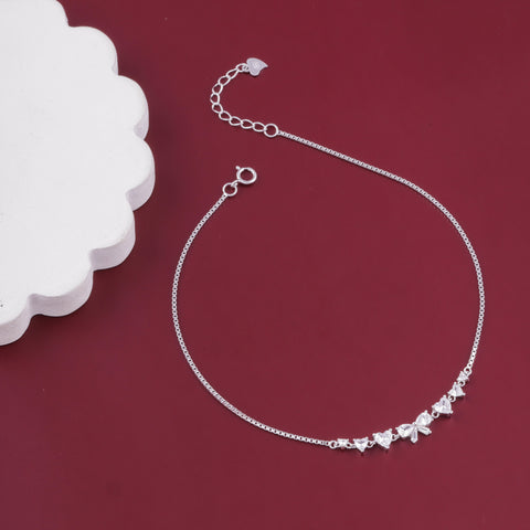 Silver Butterfly & Heart CZ Charm Anklet for Women