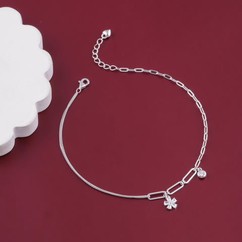 925 Sterling Silver Floral & Solitaire Charm Anklet for Women