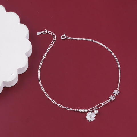 925 Sterling Silver Clover & Flower Charm Anklet for Women