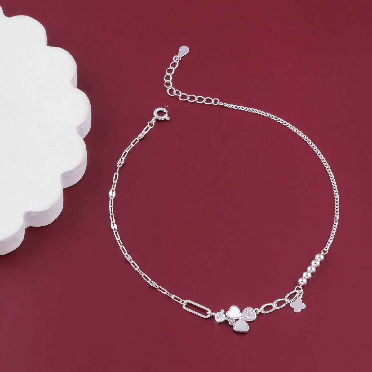 Three Heart Clover Charm Silver Anklet for Women