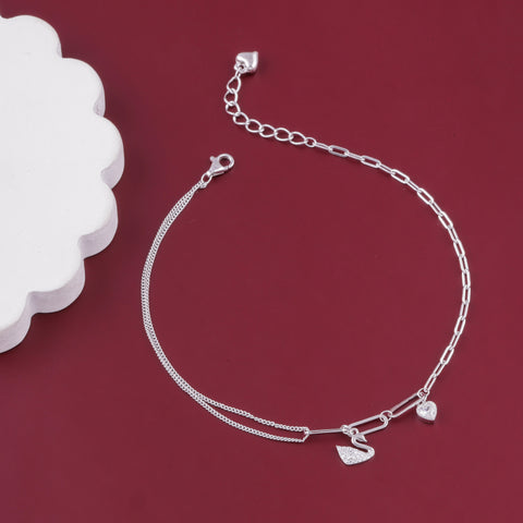 925 Sterling Silver Swan & Heart Charm Anklet for Women