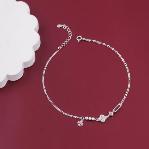 Silver Floral Charm Beaded Anklet for Women