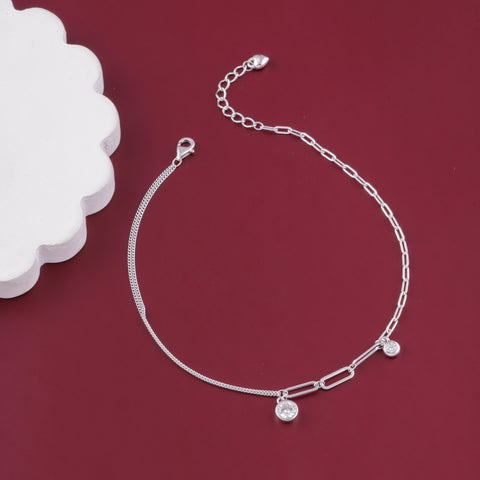925 Sterling Silver Dual Chain with Zircon Charms Anklet  For Women
