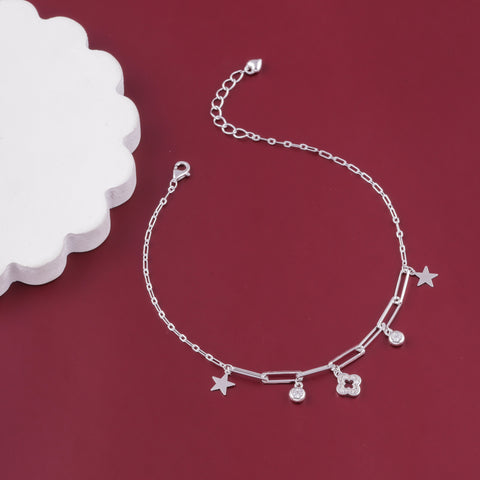 925 Sterling Silver Star & Floral Charm Anklet for Women