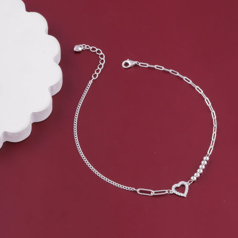Silver Heart Charm Beaded Anklet for Women
