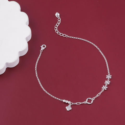 Floral Charm Silver Anklet for Women