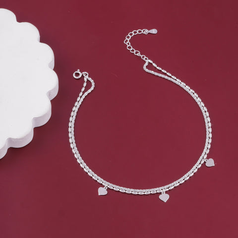 Silver Double Layer Heart Charm Beaded Anklet for Women