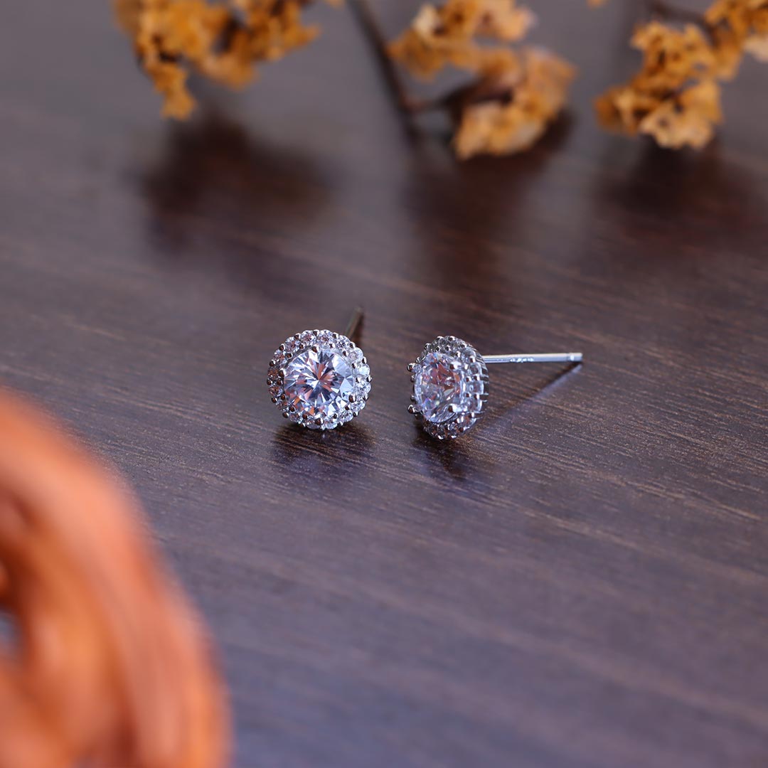 Silver Plated Stud Earrings With White Sapphire Simulated Stone – Women's Jewelry Gift