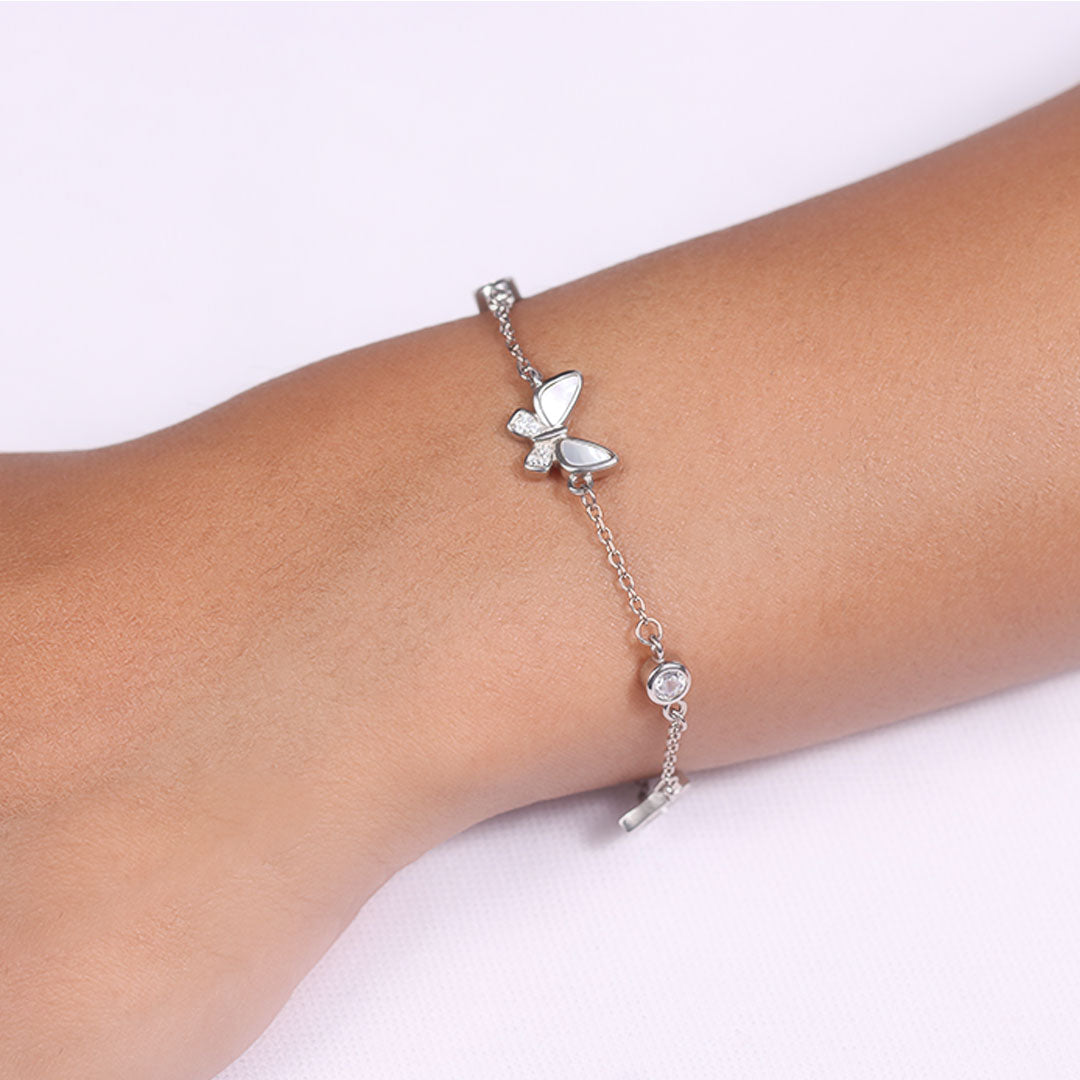 Silver dual heart with butterfly chain bracelet