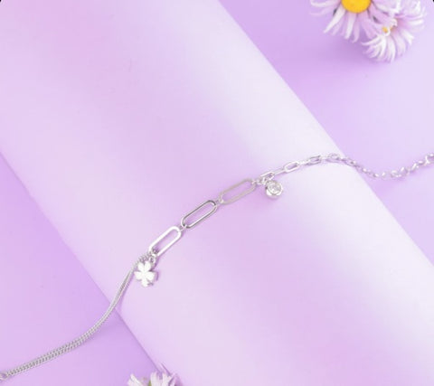 925 Sterling Silver Dual Chain Flower Charm Bracelet for Women