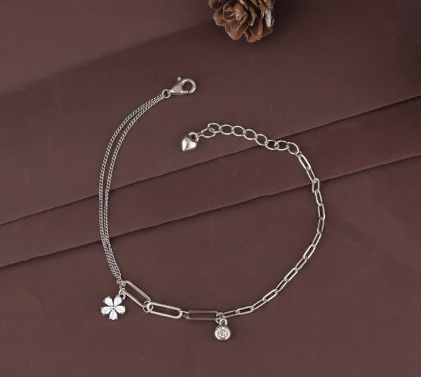 925 Sterling Silver Dual Chain Flower Charm Bracelet for Women