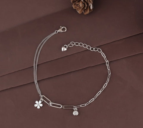 925 Sterling Silver Dual Chain Flower Charm Bracelet for Women