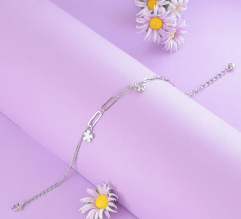 925 Sterling Silver Dual Chain Flower Charm Bracelet for Women
