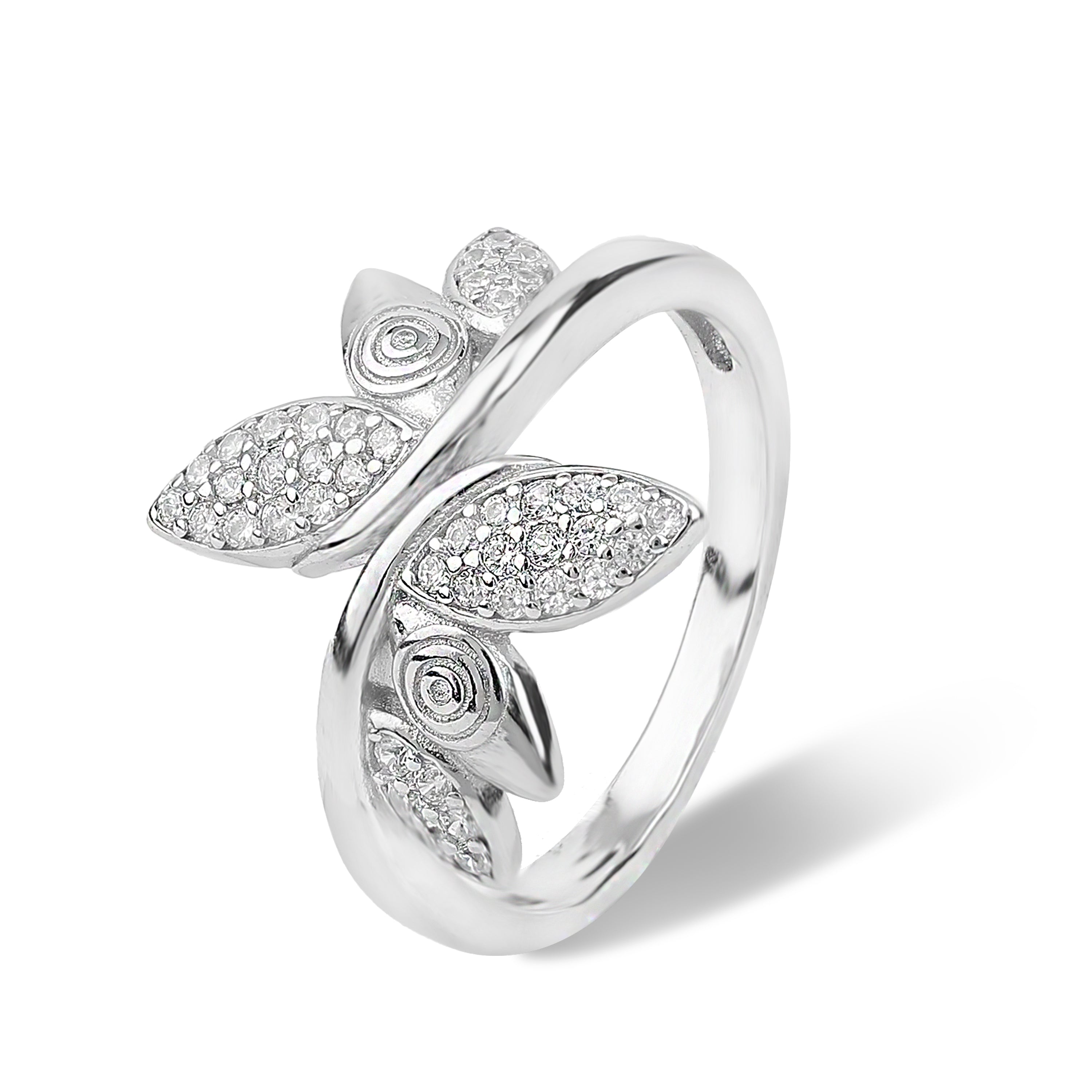 Spiral adorned double leaf silver diamond ring
