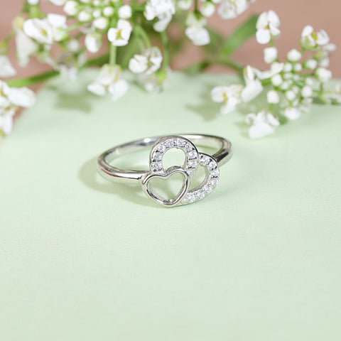 Double Heart Silver Diamond Ring for Female