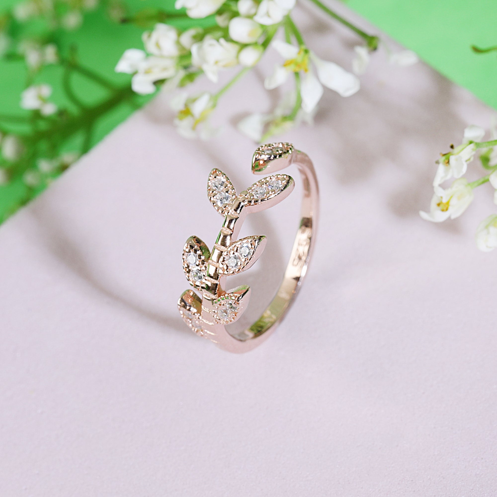 gold plated leaf diamond ring