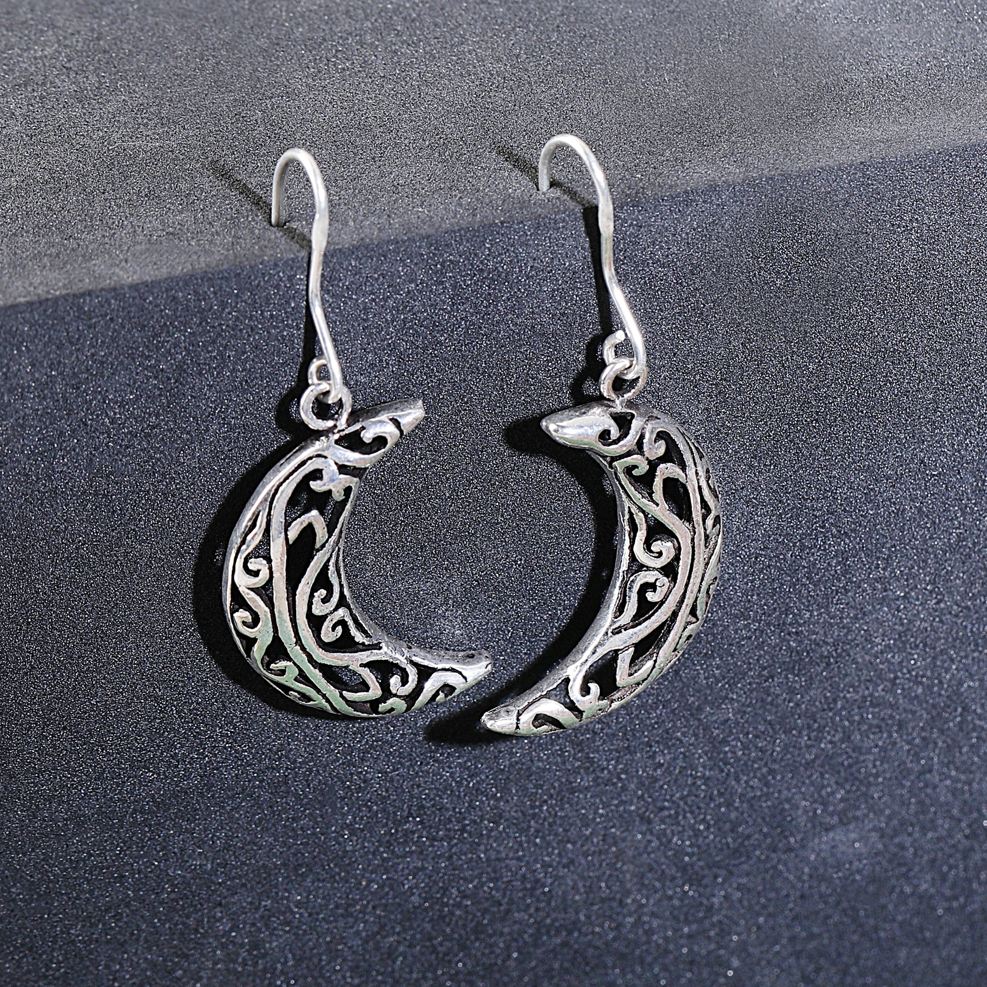 Moon oxidized silver earring