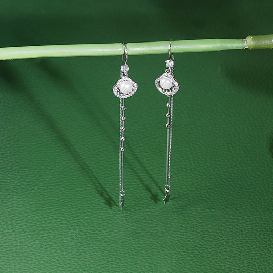 White pearl long chain silver earring