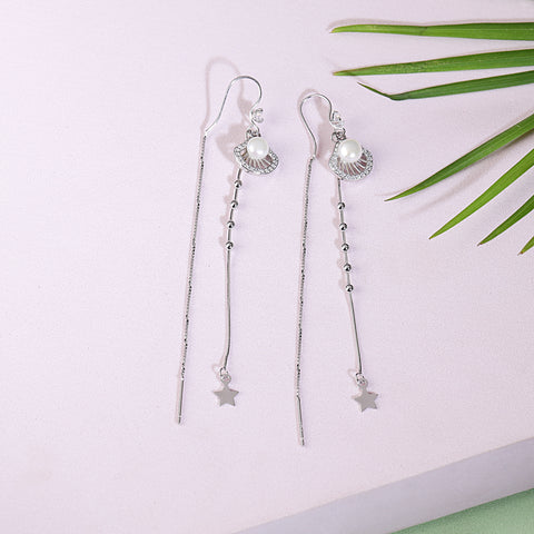 White pearl long chain silver earring