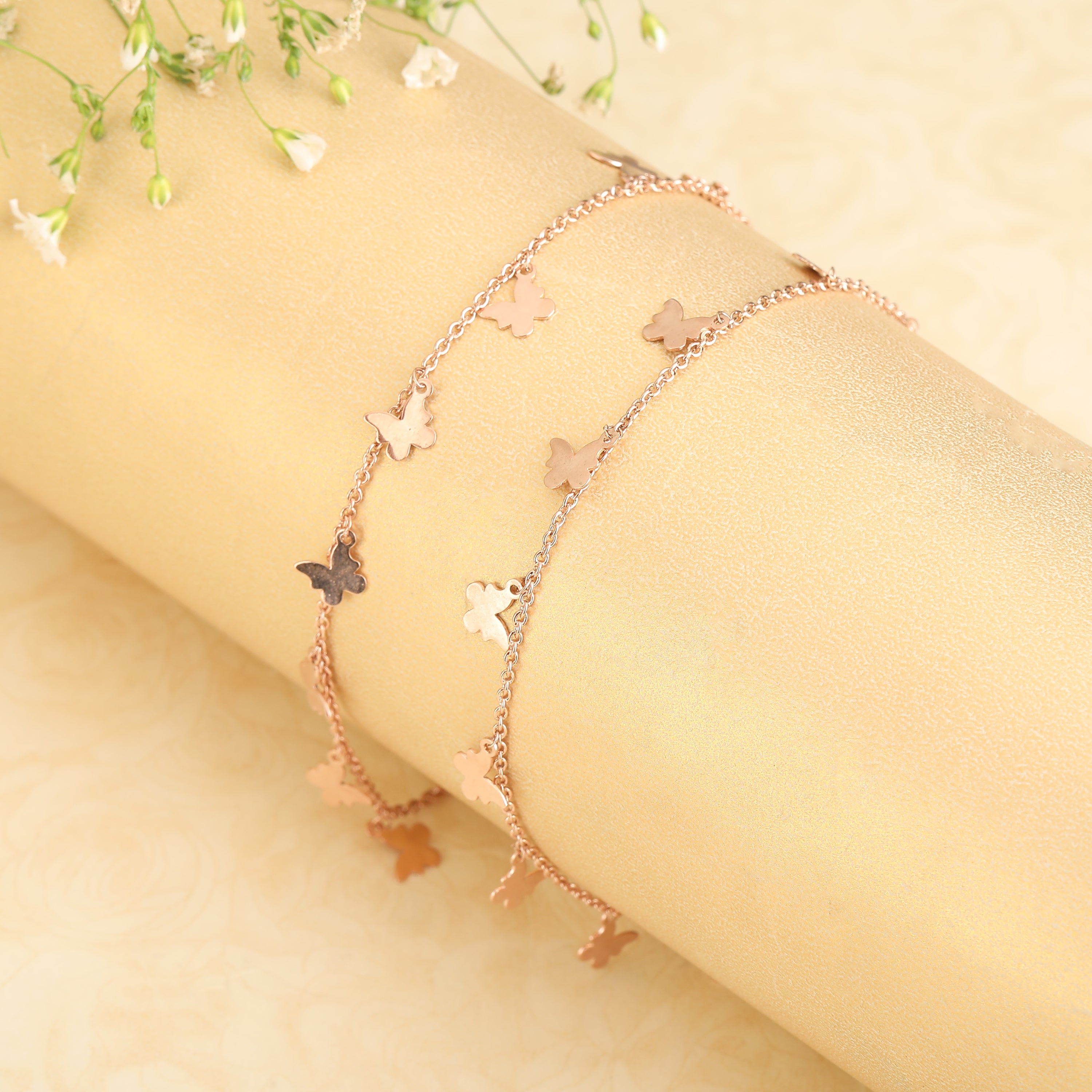 Rose gold hanging butter fly anklet