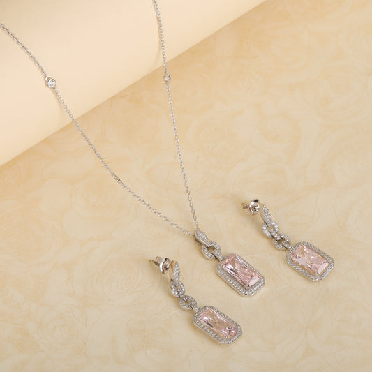 Silver Baby Pink Diamond Necklace With Earrings