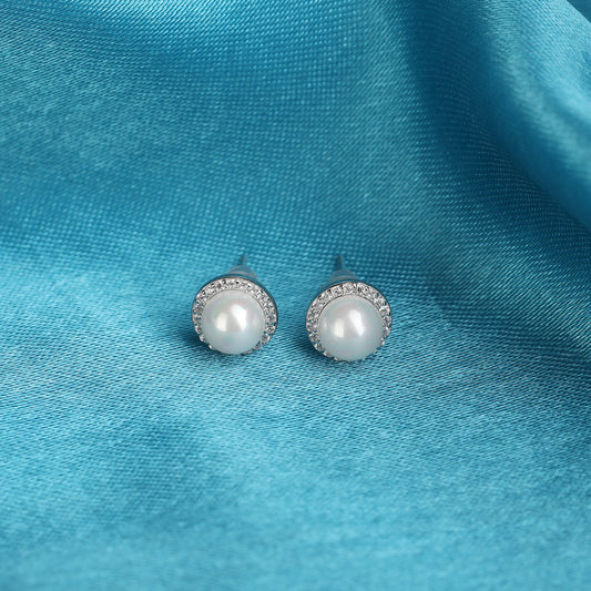 Silver Diamond And White Pearl Earring