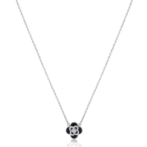 Black Flower Pendant With Rhinestone Silver Necklace