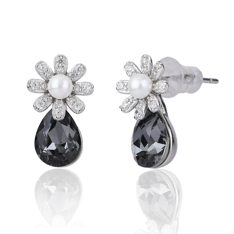 Flower with black diamond  silver earring