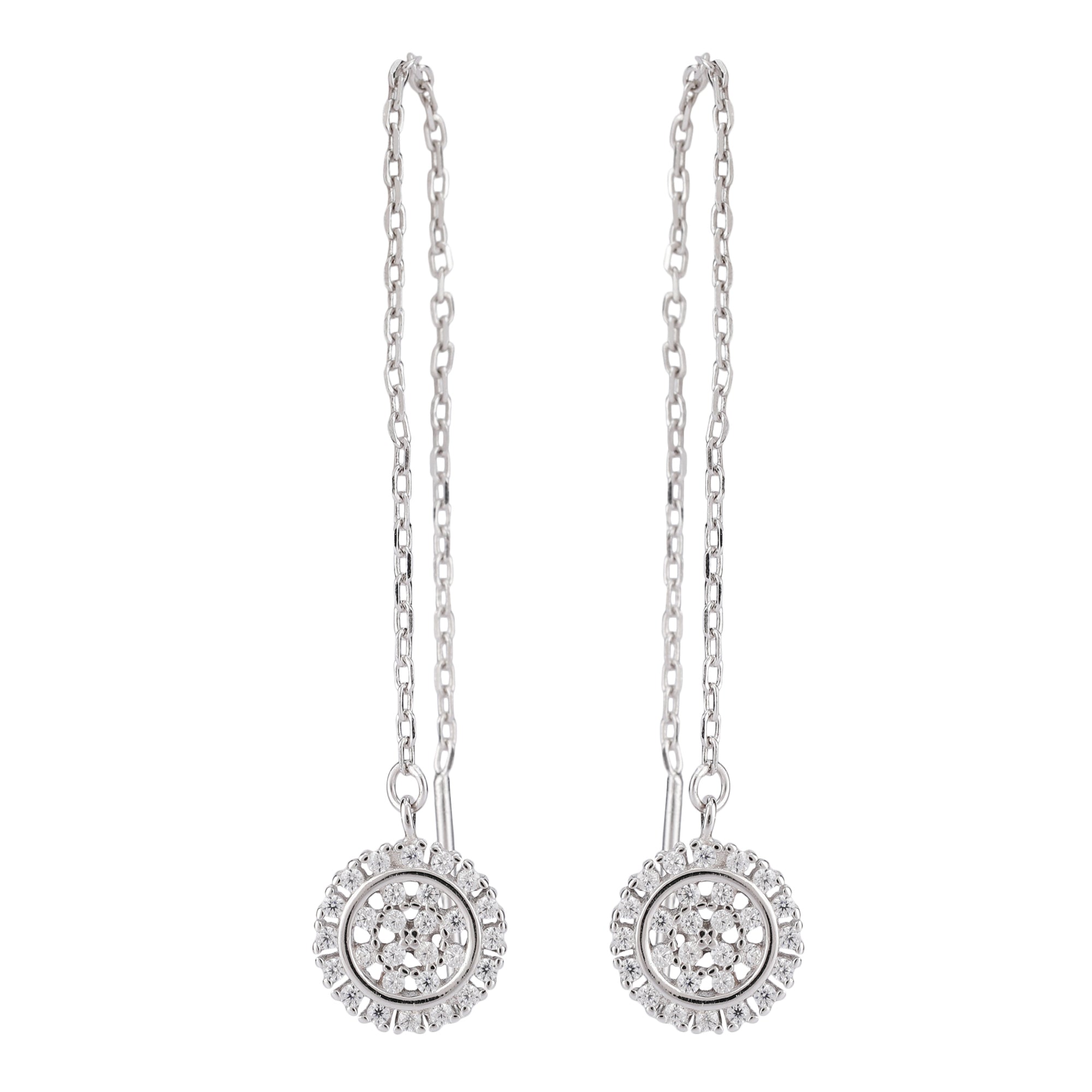 Long chain with round flower silver diamond earring