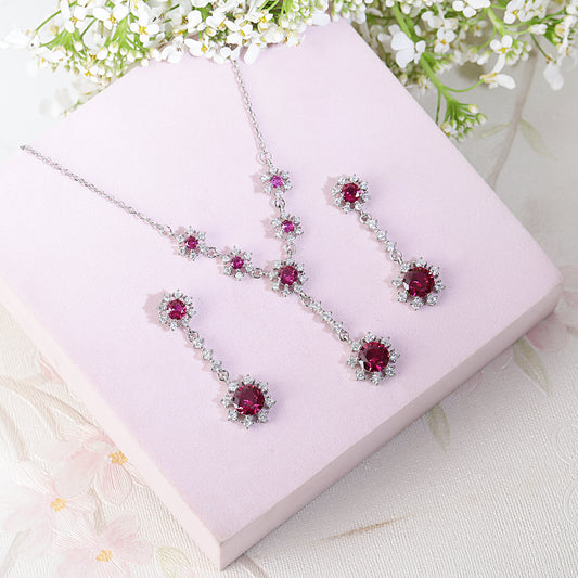 Ruby Color Diamond Necklace Set For Women