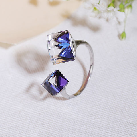 Silver double cube shaped crystals ring with adjustable size