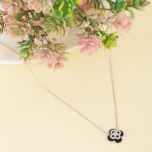 Black Flower Pendant With Rhinestone Silver Necklace